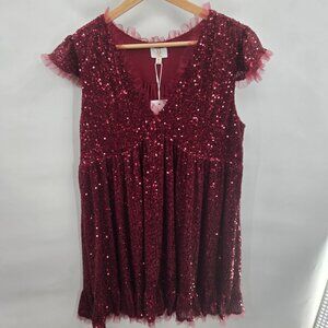 M by MNK Red Burgundy Sequin Holiday Cocktail V-Neck Mini Dress Medium